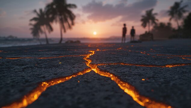 Cracks glowing with molten light on dry land at tropical sunset - Powered by Adobe