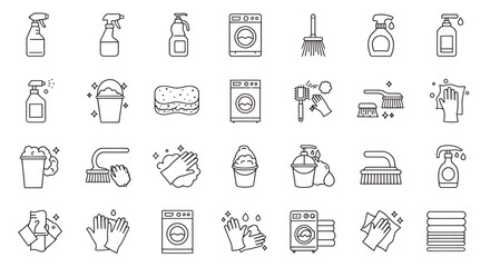 A comprehensive vector set illustrates various cleaning and hygiene icons, emphasizing handwashing and surface sanitization to promote health and wellness practices.