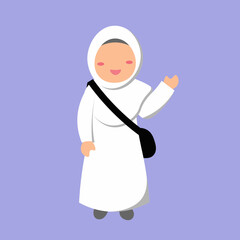 A cute Muslim girl vector wearing white clothes typically used for hajj, perfect for Islamic learning materials, kids books, posters, and educational content.
