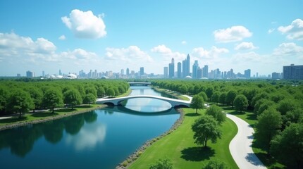 Serene river flowing through a lush green park towards a modern city skyline
