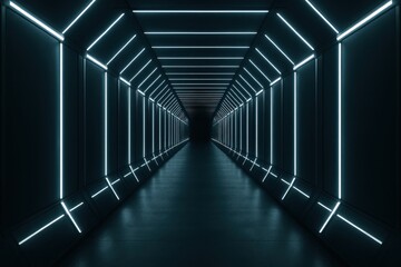 Long dark futuristic tunnel background with glowing cyan blue neon lines and geometric perspective