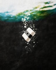 Fototapeta premium A cosmetic puff floats in water with bubbles and an abstract background. The image has a dark, moody aesthetic.