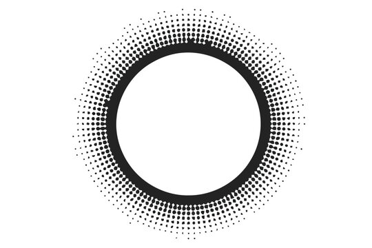 Black circular halftone pattern with radiating dots and squares on white background abstract circle