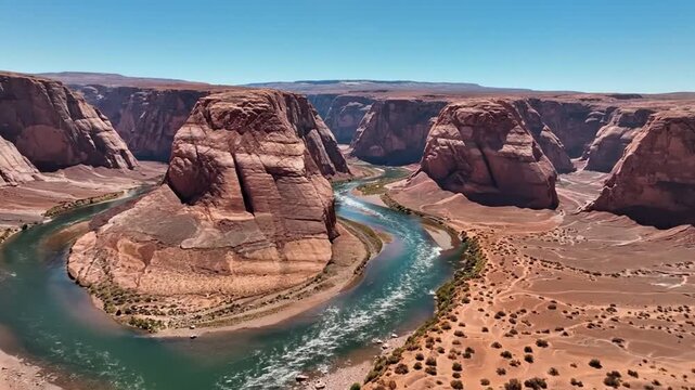 Aerial view of a horseshoe bend canyon with a flowing river and rocky formations under a clear sky