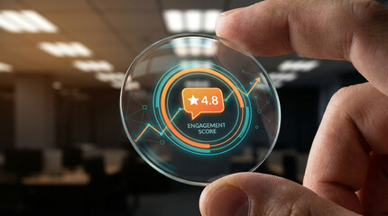 Hand holding a lens with a digital display showing engagement score.