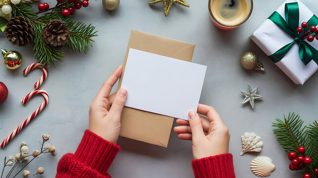 Hands holding blank card over brown envelope with christmas decor