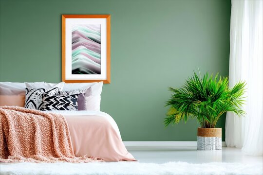 A cozy bedroom interior featuring a bed with pillows and a blanket, a potted plant, and abstract art on the wall, with bright lighting. - Powered by Adobe