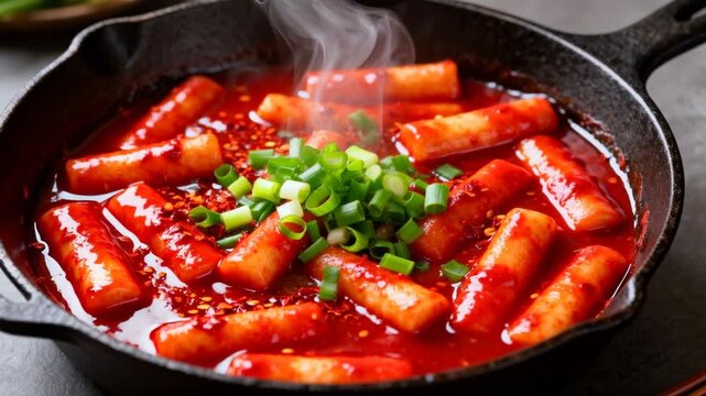 hot glossy red spicy tteokbokki cast iron pan green onion perfect for hot and spicy food day