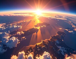 Aerial view of an island chain and oceans reflecting warm sunlight. Cumulus clouds in the foreground with a vivid atmospheric perspective