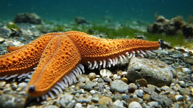 Underwater Starfish Resting on Pebbles and Rocks in the Ocean.
