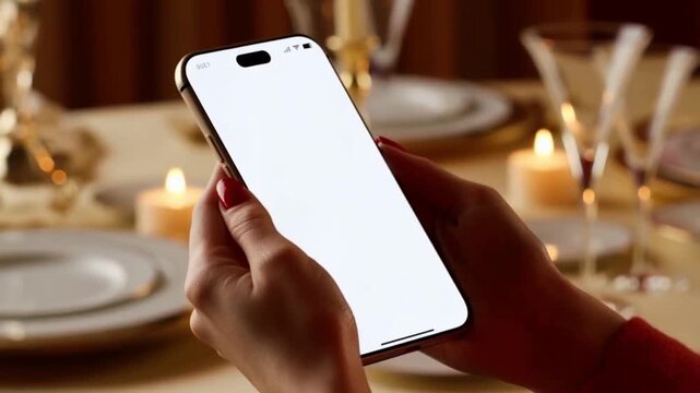 A hand holding a smartphone with a blank notes app open. The blinking cursor invites your text in this festive dinner setting.