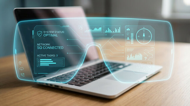 Laptop with augmented reality glasses displaying network and system information. - Powered by Adobe