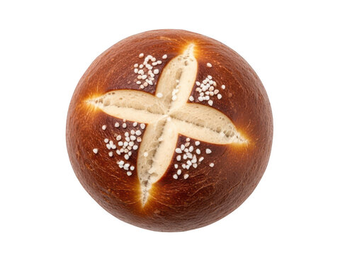 Top view of a freshly baked, dark brown lye roll or pretzel bun with a characteristic cross cut and coarse salt crystals, isolated on transparent background