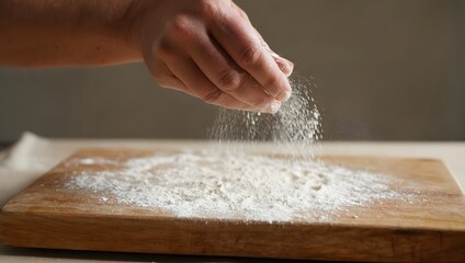 Close-up of a hand scattering flour onto a wooden board.