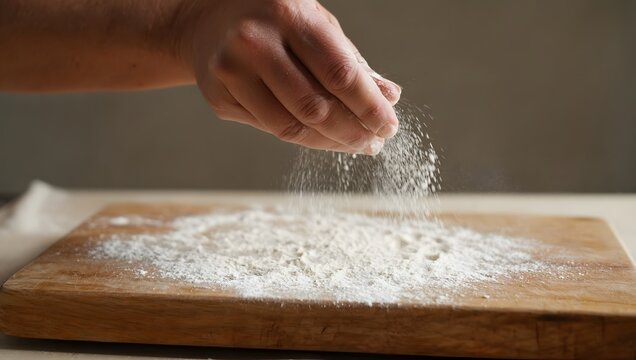 Close-up of a hand scattering flour onto a wooden board.