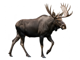 Majestic bull moose with large antlers walking isolated on transparent background in studio shot