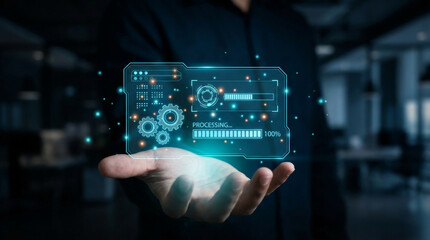 Holographic display in hand showing gears and loading bar.