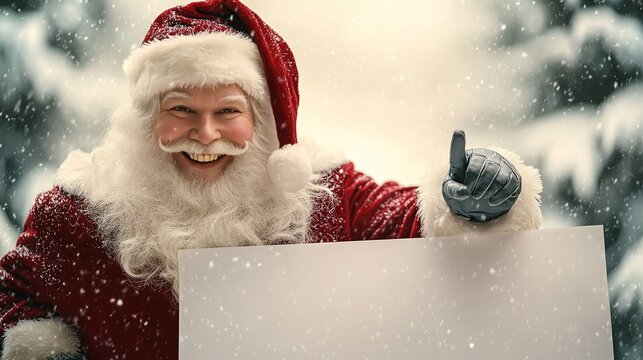 a smiling santa claus stands next to an empty white banner, pointing at the blank space with his hand and wearing a red suit, with gloves on both hands. it is a full-body shot, with a snowy landscape 