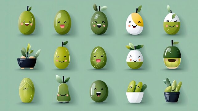 A collection of cute cartoon avocado characters with smiling faces and small plants on a light green background.  The image has a cheerful and playful mood.
