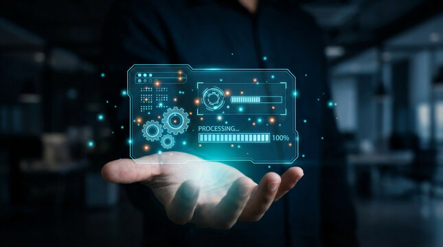 Holographic display in hand showing gears and loading bar.