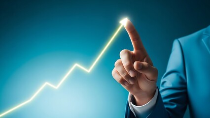 Hand pointing to upward trending financial graph symbolizing growth
