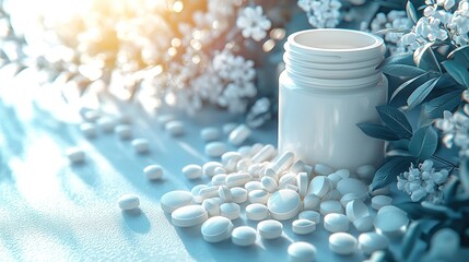 White pills and bottle in natural light