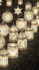 Whimsical glowing lanterns illustration, festive holiday mood, warm light and decorations