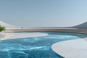 Fototapeta premium Minimalist outdoor pool setting with rippling blue water and smooth white concrete architecture