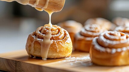 Close-up of a cinnamon roll being iced with a wooden spoon, placed on a wooden board with other rolls in the background.