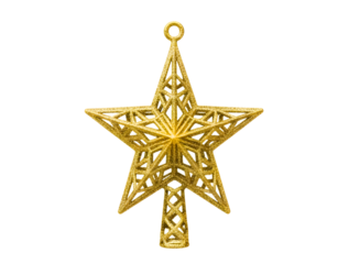 Ornate golden star christmas tree topper isolated on transparent background