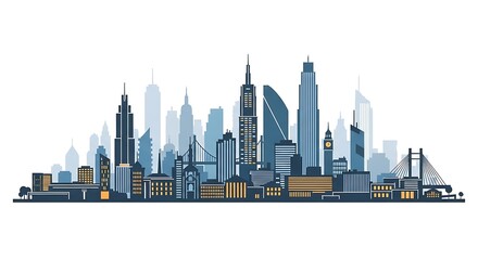Naklejka premium Detailed Cityscape Silhouette with Modern Architecture and Bridges.