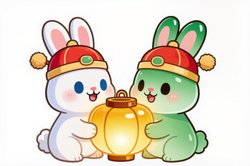Fototapeta premium Cute chibi moon rabbit and chibi jade rabbit wearing festive hats, sharing a big glowing lantern, adorable expressions, glossy collectible toy style, isolated on white background