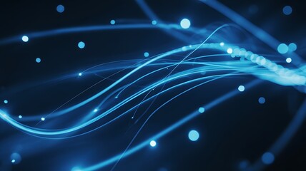 Abstract glowing blue light trails and particles flowing in dark space representing data transfer and digital connection