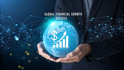 Man holding globe with dollar sign and graph, representing global finance