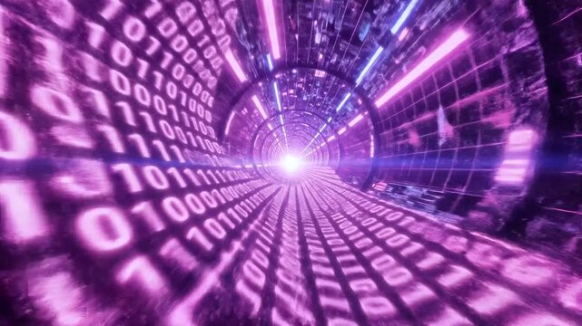 Futuristic tunnel with binary code in purple hues leading to a bright light