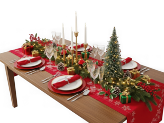 Elegant christmas dinner table setting with candles and festive decorations isolated on transparent background