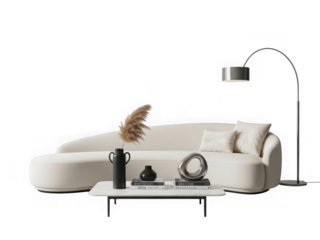 Modern curved white sofa with minimalist decor and floor lamp isolated on transparent background