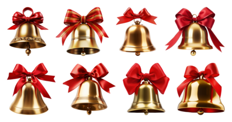 PNG Golden bells with red bows, element set on transparent background