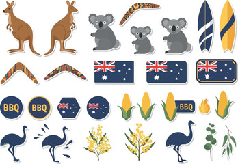 Australian Icons Native Animals, Surfboards, and National Symbols Illustration