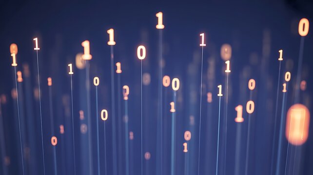 Abstract digital data stream of glowing orange binary code numbers ascending against a dark blue futuristic background