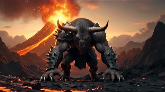 Aggressive mythological bull creature with spiked armor and glowing red eyes