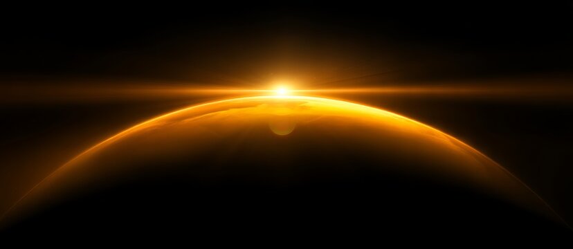 Bright golden sunrise or sunset glows over the curve of a planet with lens flare in deep space