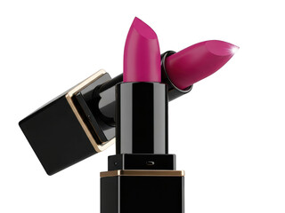 Two vibrant magenta lipstick bullet tips emerging from a sleek black and gold case, isolated on transparent background