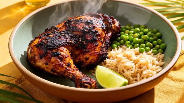 hot spicy jerk chicken rice peas high angle view perfect for hot and spicy food day