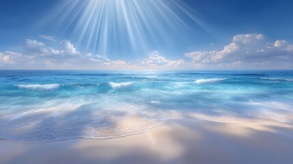 Obraz premium Bright sunbeams stream down through blue sky with clouds over ocean waves washing onto a sandy beach