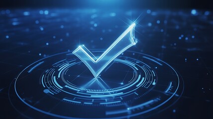 Glowing blue digital check mark symbol of approval and success on a futuristic technology interface background