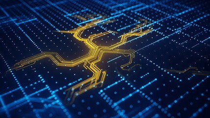 Abstract glowing golden circuit board pattern with intricate connections on a dark blue digital background