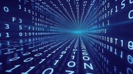 Abstract digital tunnel of glowing blue binary code and alphanumeric characters receding into a bright light