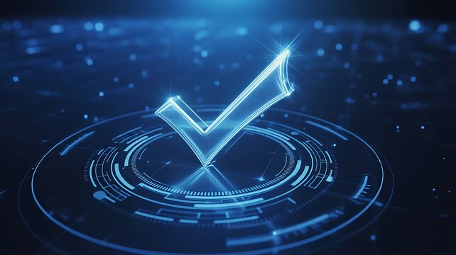 Glowing blue digital check mark symbol of approval and success on a futuristic technology interface background