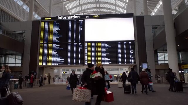 An airport departure board with a blank white information screen. A high-traffic public mockup for travel agencies and global brands.